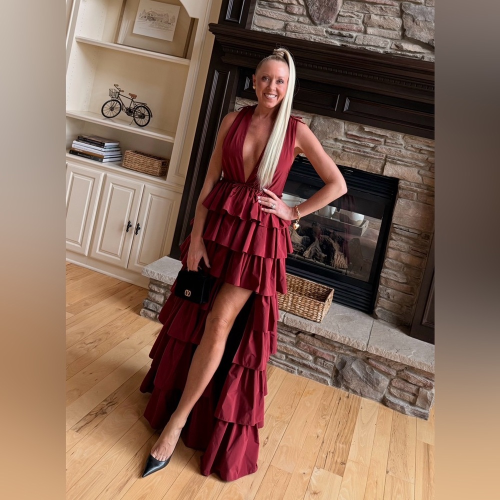 Aknvas Henrietta Burgundy High-Low Ruffle Gown